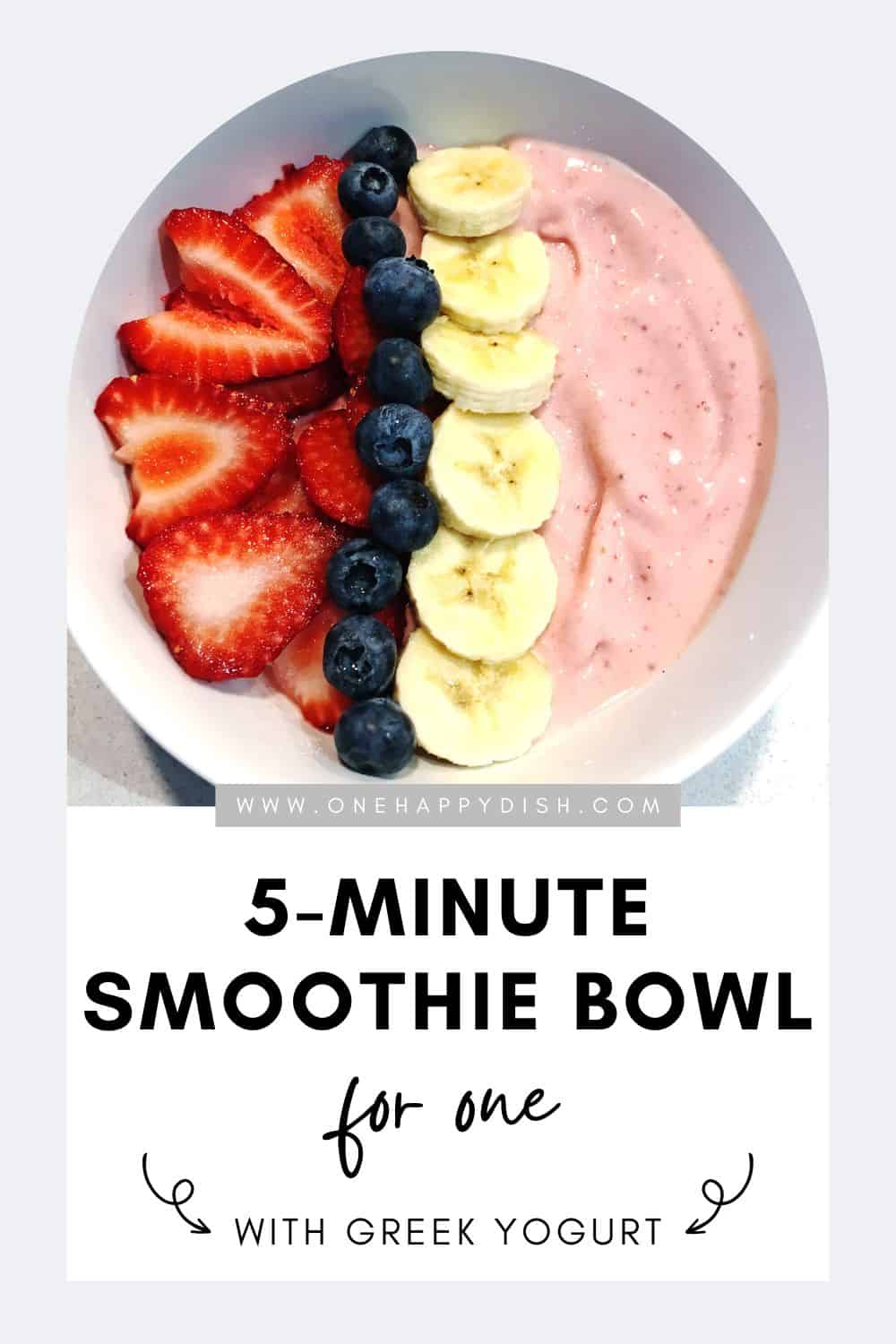 5-minute strawberry banana smoothie bowl in a white desert bowl.