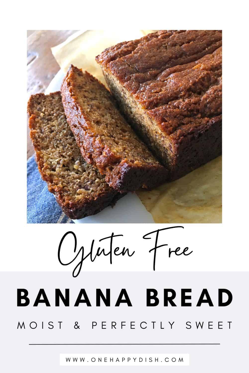 Two thick slices of gluten free banana bread rest on parchment paper, showing a moist and textured interior. The text reads, Gluten Free Banana Bread: Moist & Perfectly Sweet.