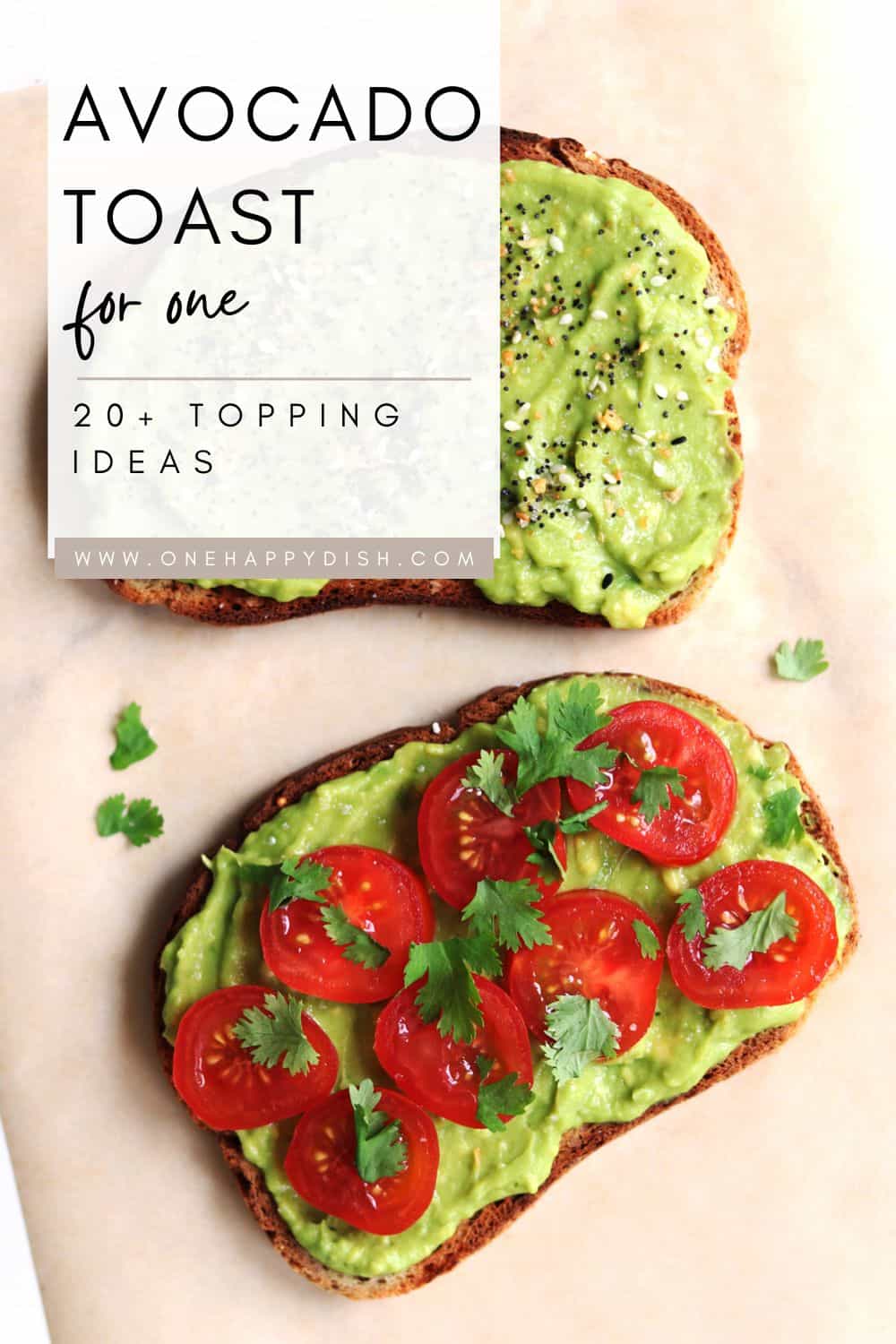 Two slices of avocado toast with different toppings.