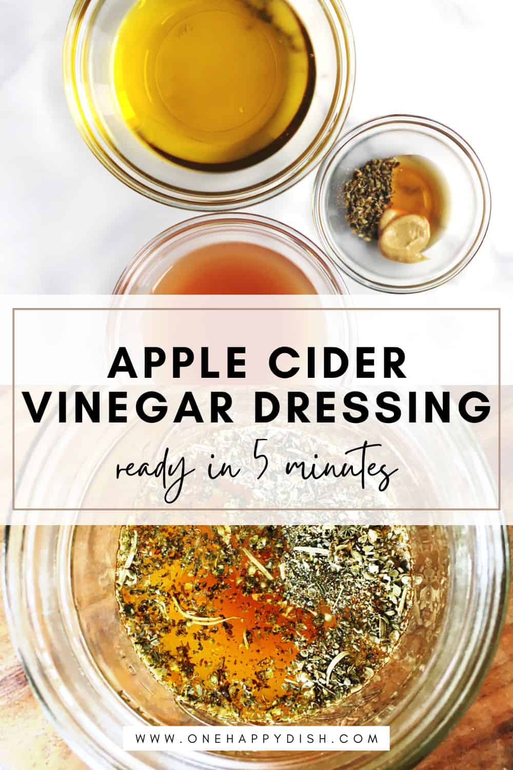 Apple cider vinaigrette ingredients in glass bowls and a Mason jar.