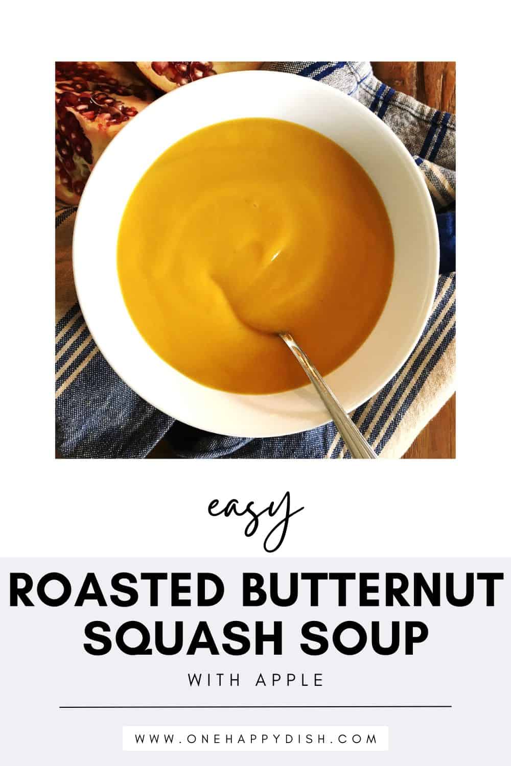 Roasted butternut squash soup in a white bowl.