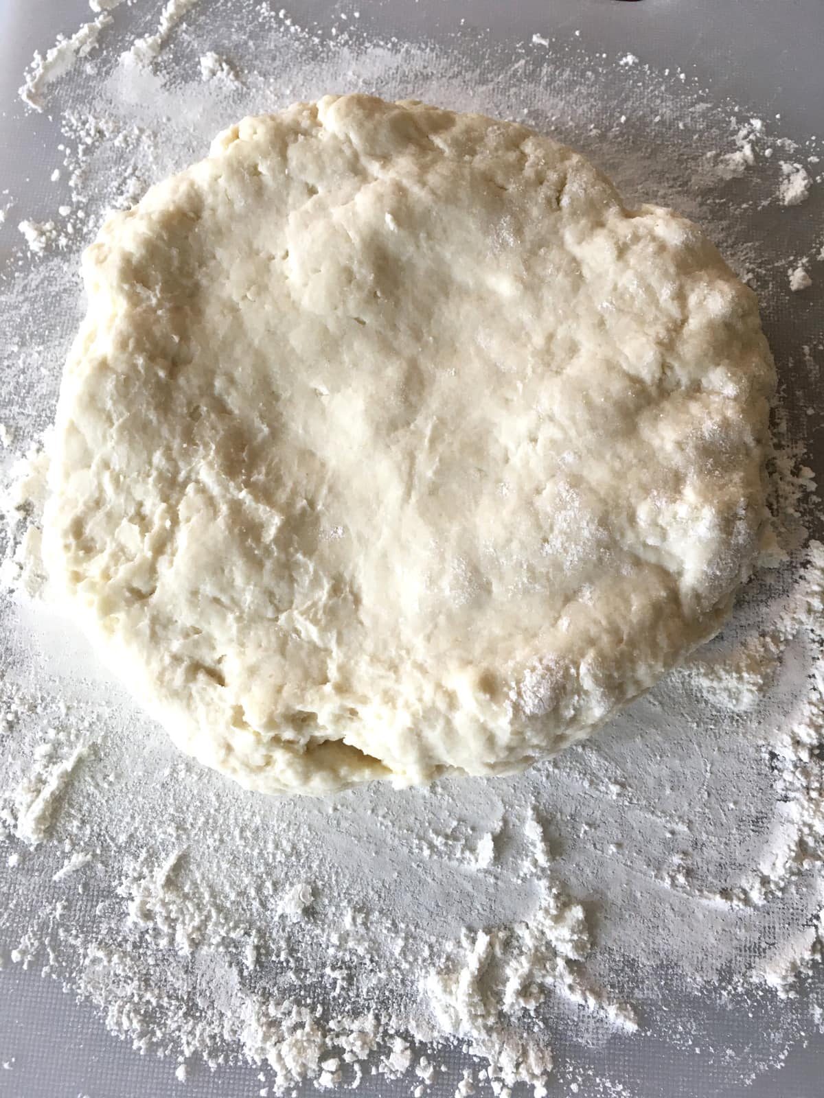 Pizza dough on a floured cutting board