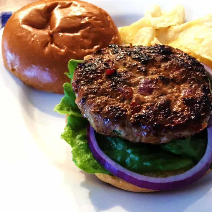 Turkey burger and potato chips on a white plate.