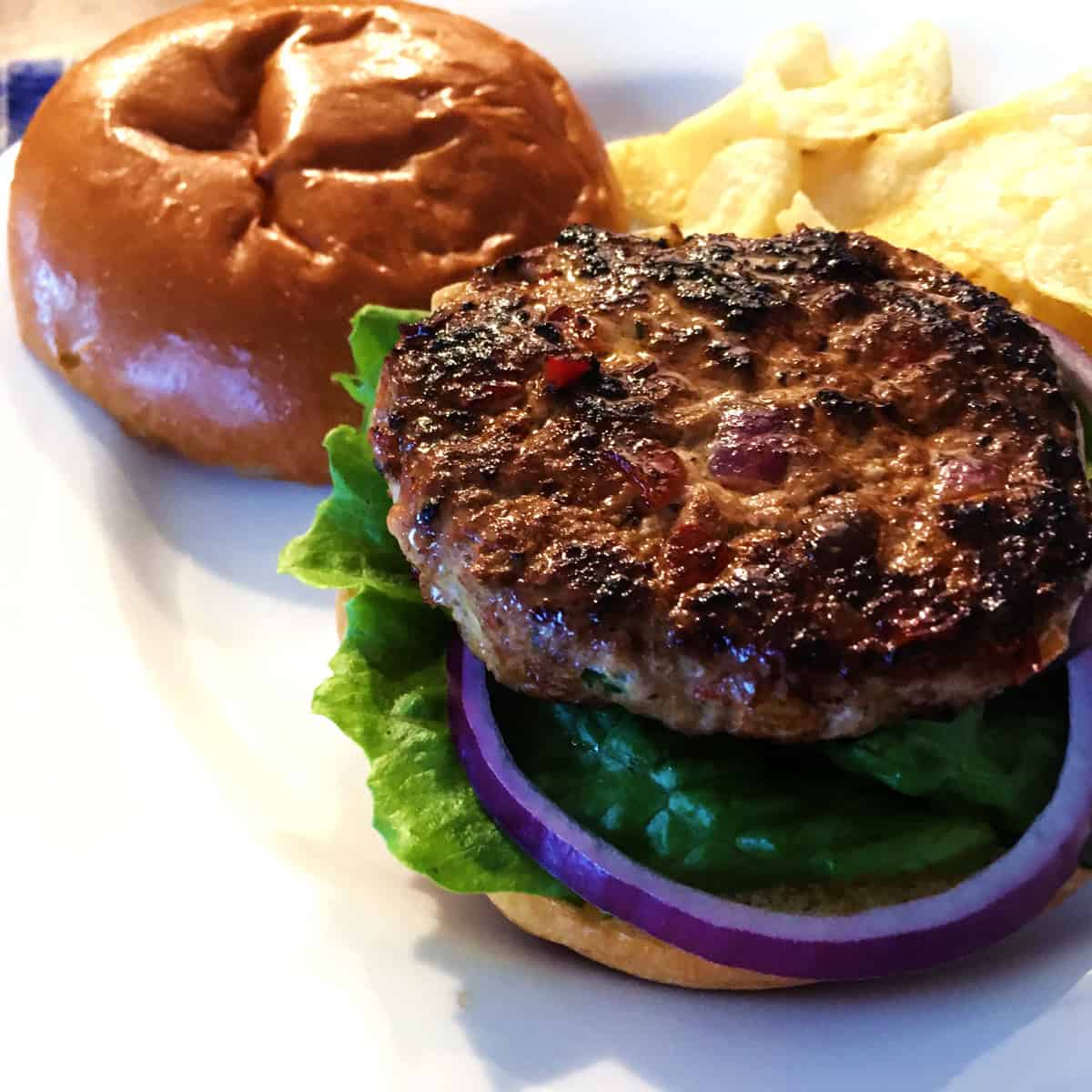 Turkey burger and potato chips on a white plate.