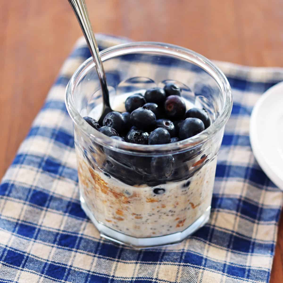 Overnight oats topped with fresh blueberries.