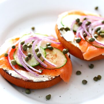 Open-faced lox and bagel sandwich.