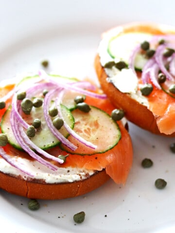 Open-faced lox and bagel sandwich.