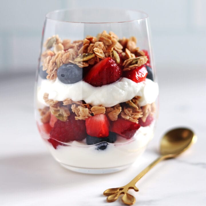 Yogurt parfait with fresh berries and granola.