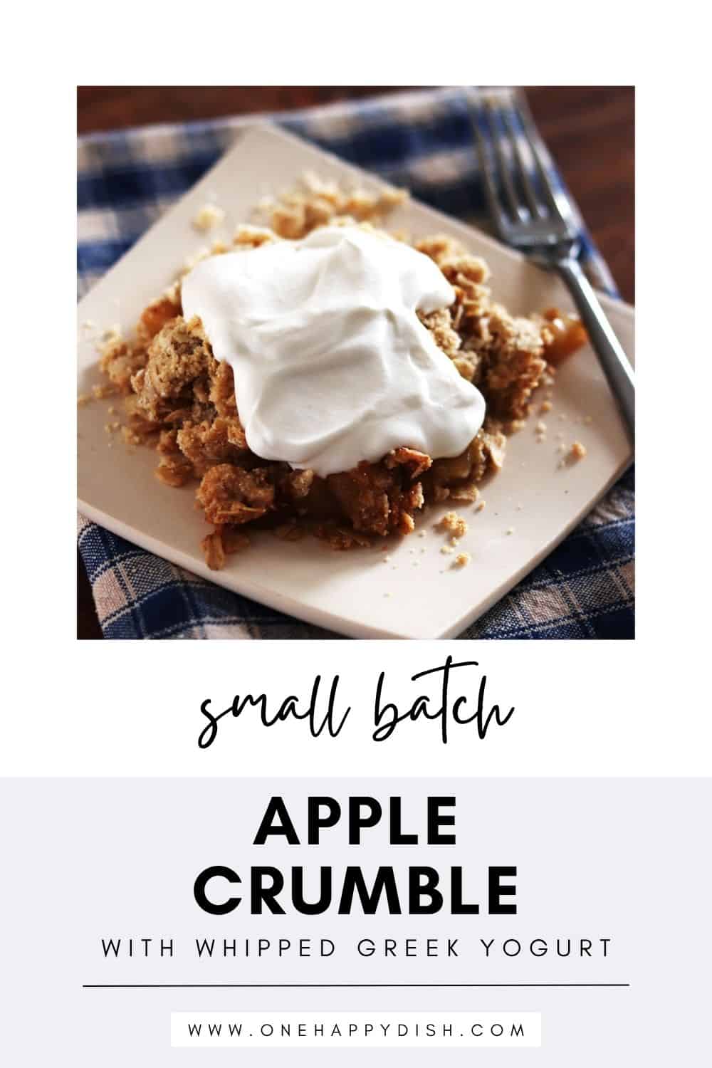 Homemade apple crumble slice topped with whipped yogurt.