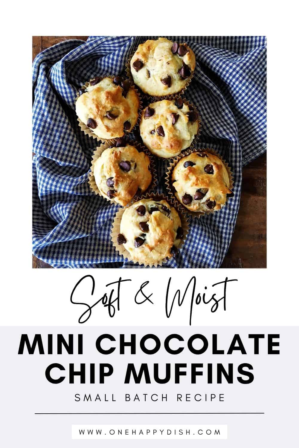 Mini chocolate chip muffins on a blue and tan plaid napkin.