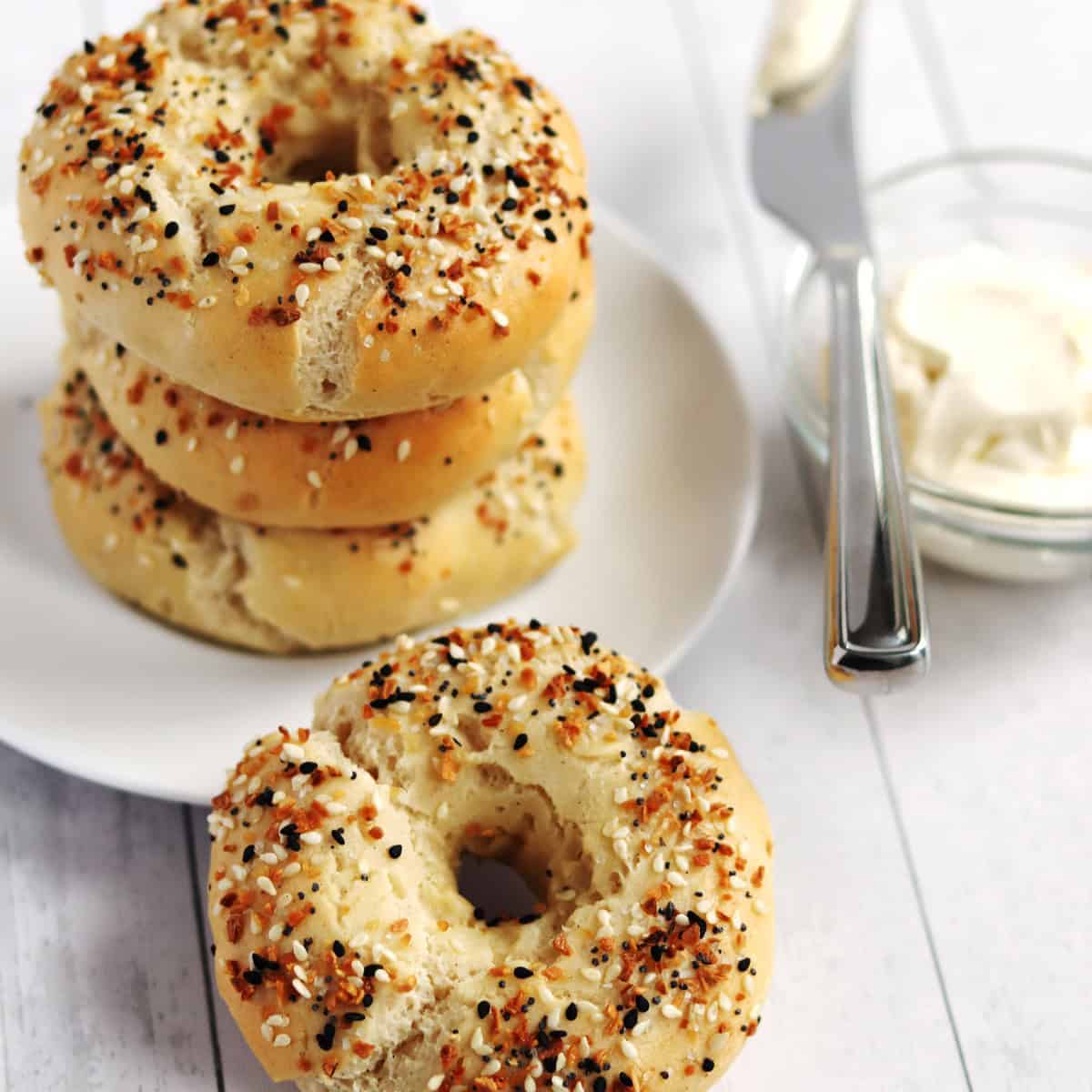 2 ingredient everything bagels with a side of cream cheese.