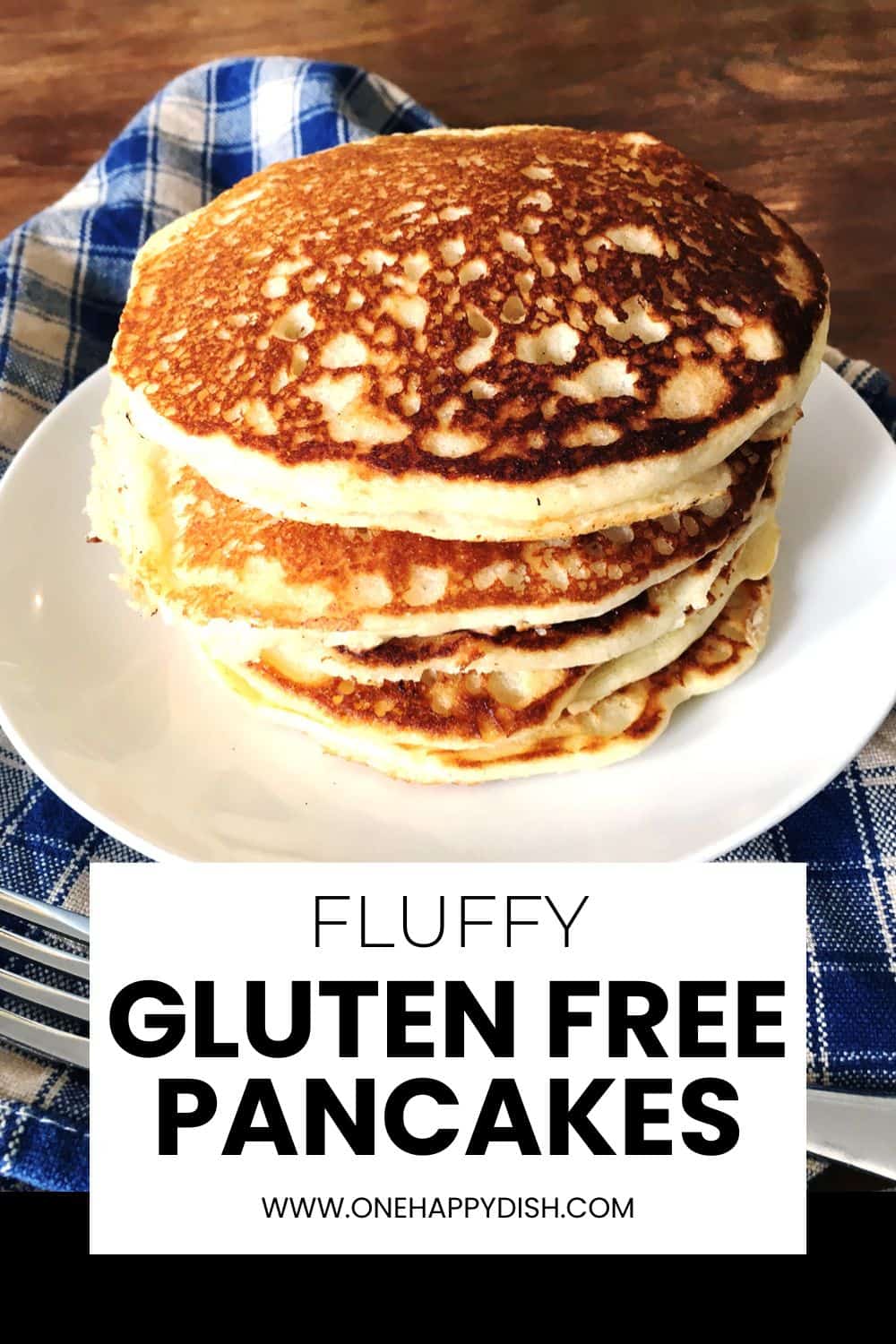 Stack of gluten free pancakes on a white plate.
