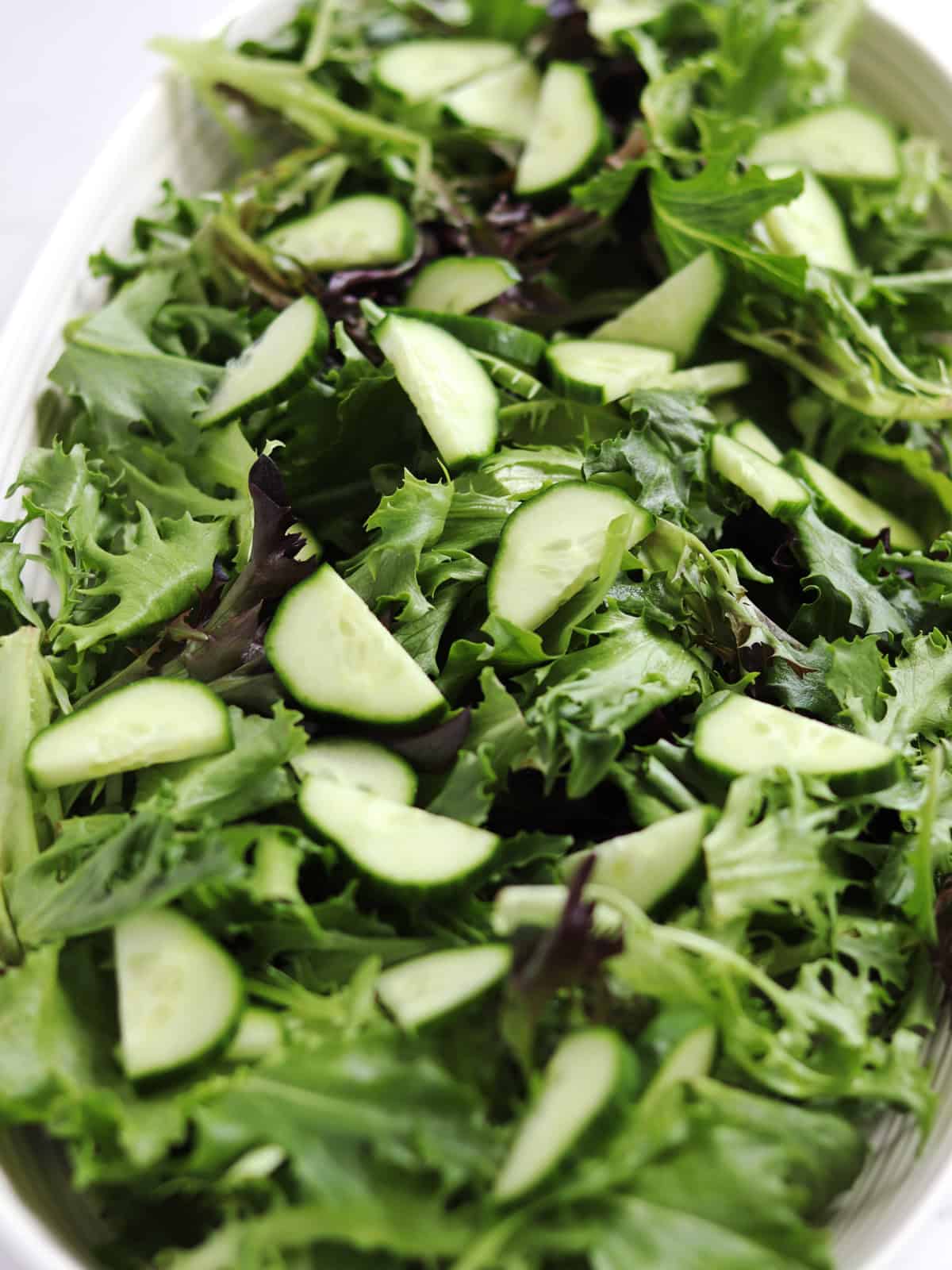 Sliced cucumber halves arranged on a platter of mixed salad greens.