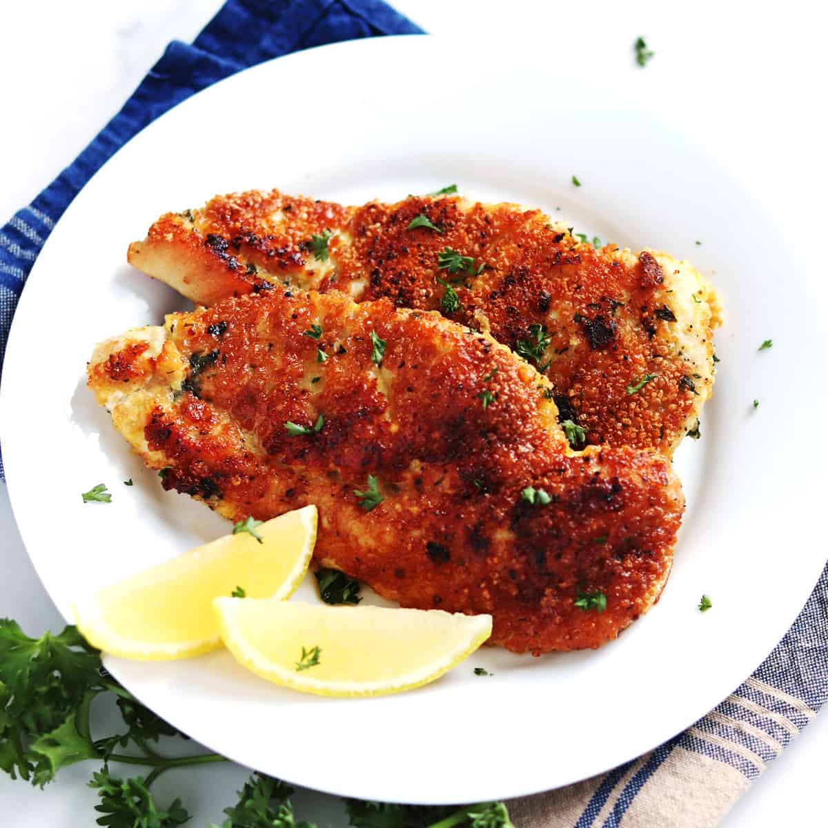 Two Parmesan crusted chicken breasts on a white plate.