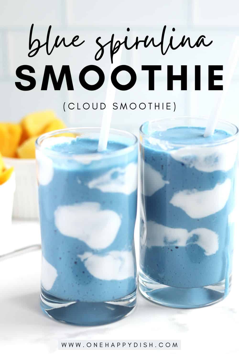 Two blue smoothies with coconut yogurt clouds.