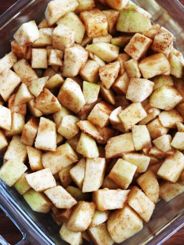 Chopped and prepared apples for an apple crisp.