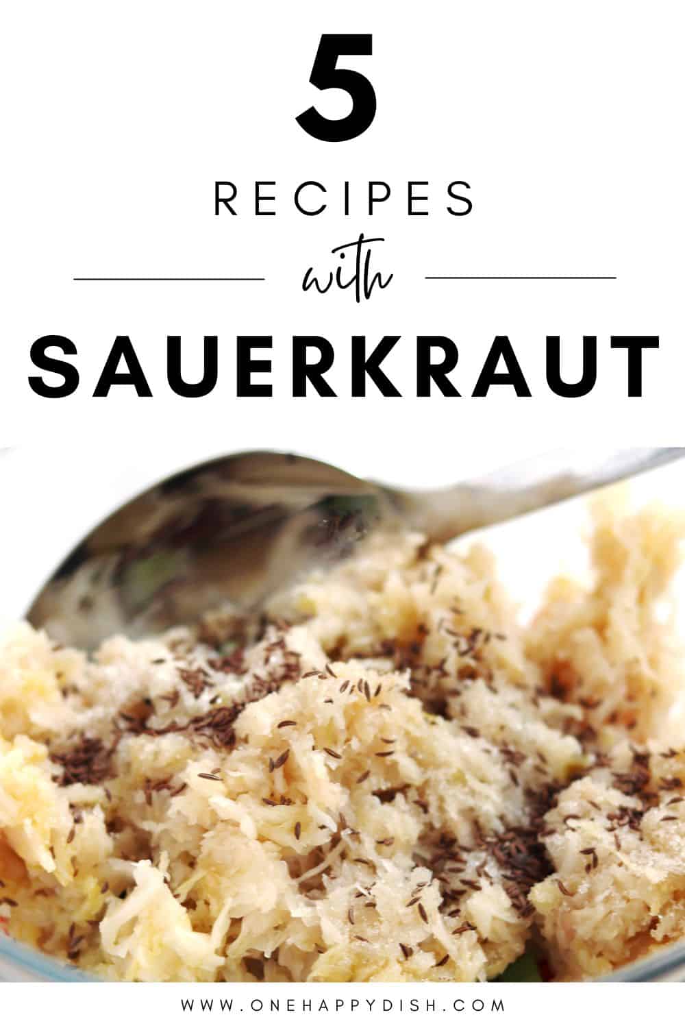 A close-up of sauerkraut garnished with caraway seeds, with text above reading 5 Recipes with Sauerkraut and the website www.onehappydish.com at the bottom.