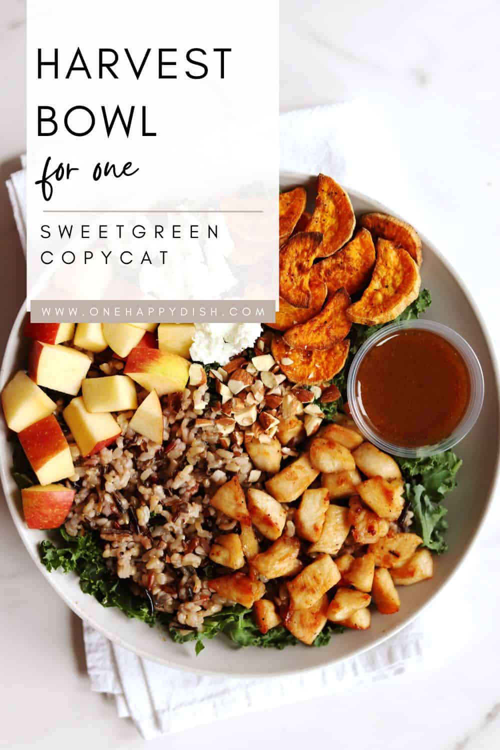 A Harvest Bowl filled with kale, diced apples, wild rice, roasted sweet potatoes, grilled chicken pieces, goat cheese, and a container of balsamic vinaigrette, arranged neatly in a white bowl.