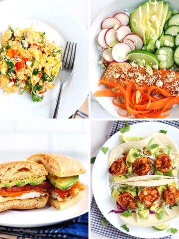 A collage showing Greek scrambled eggs, a salmon bowl, a breakfast sandwich, and two shrimp tacos.