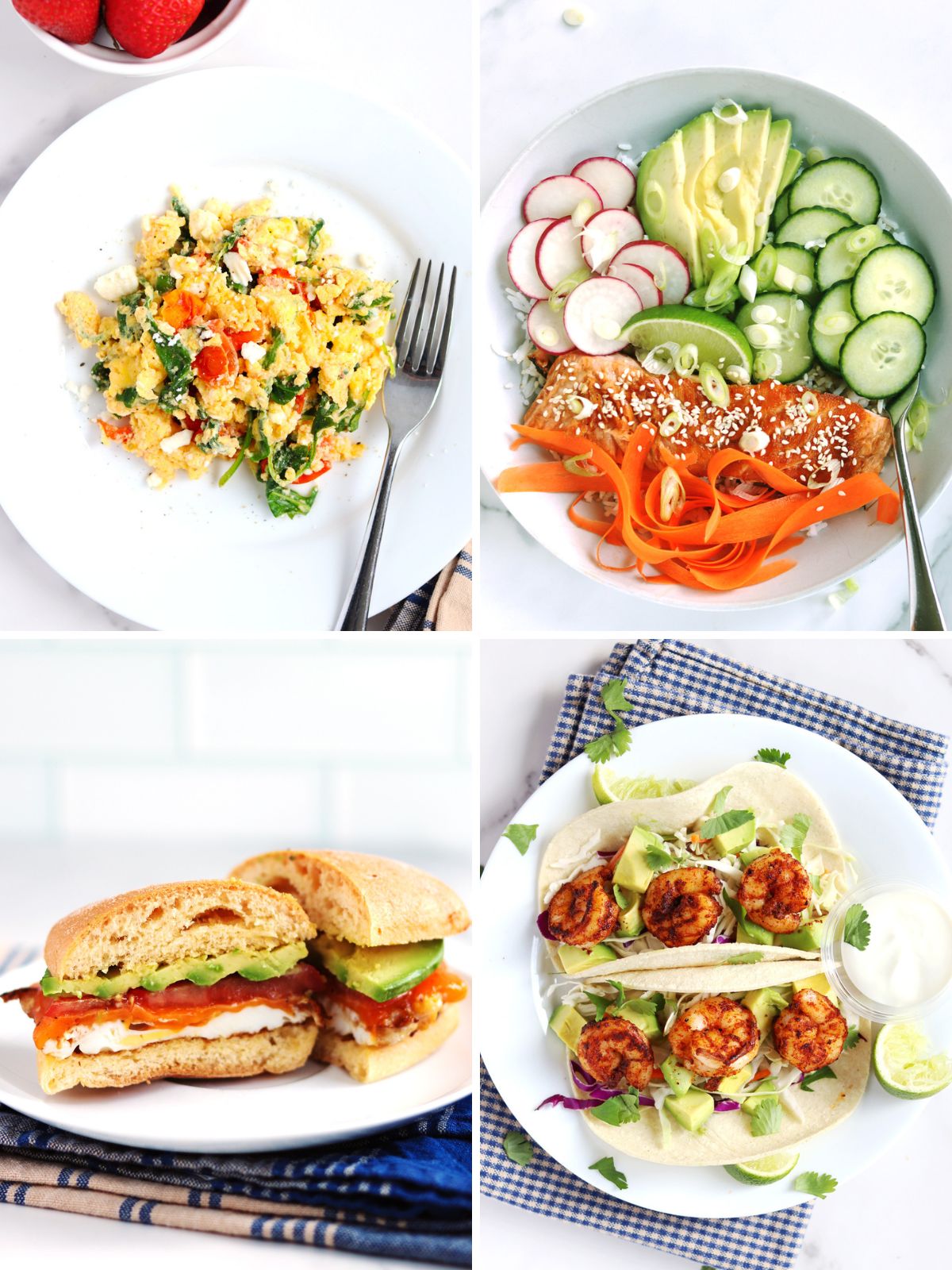 A collage shows Greek scrambled eggs, a salmon bowl, a breakfast sandwich, and two shrimp tacos.