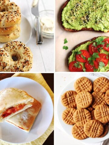 Four food images: everything bagels with cream cheese, avocado toast (one with tomatoes and cilantro), a plated calzone on a yellow napkin, and a plate of peanut butter cookies with a fork pattern.