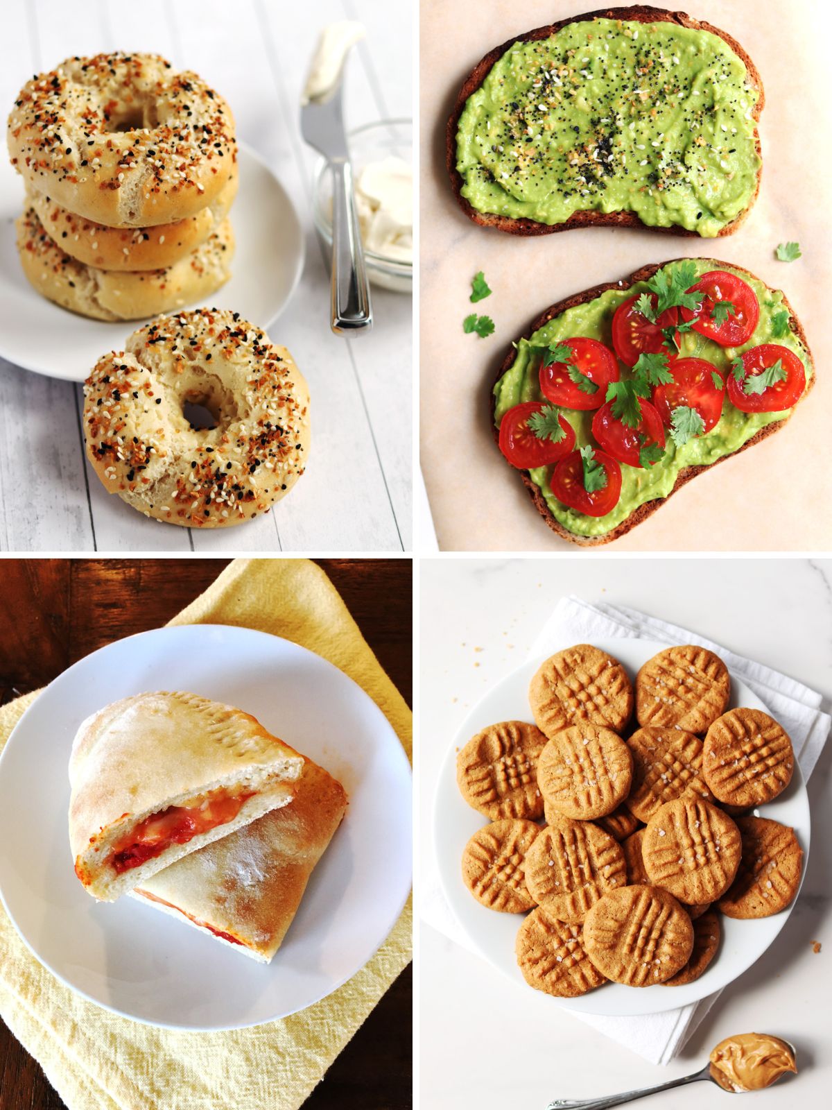 Four food images: everything bagels with cream cheese, avocado toast (one with tomatoes and cilantro), a plated calzone on a yellow napkin, and a plate of peanut butter cookies with a fork pattern.